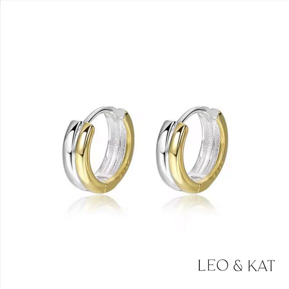 2 Tone Chunky Huggie Earrings. 925 Sterling Silver. #1100 - Picture 2 of 7